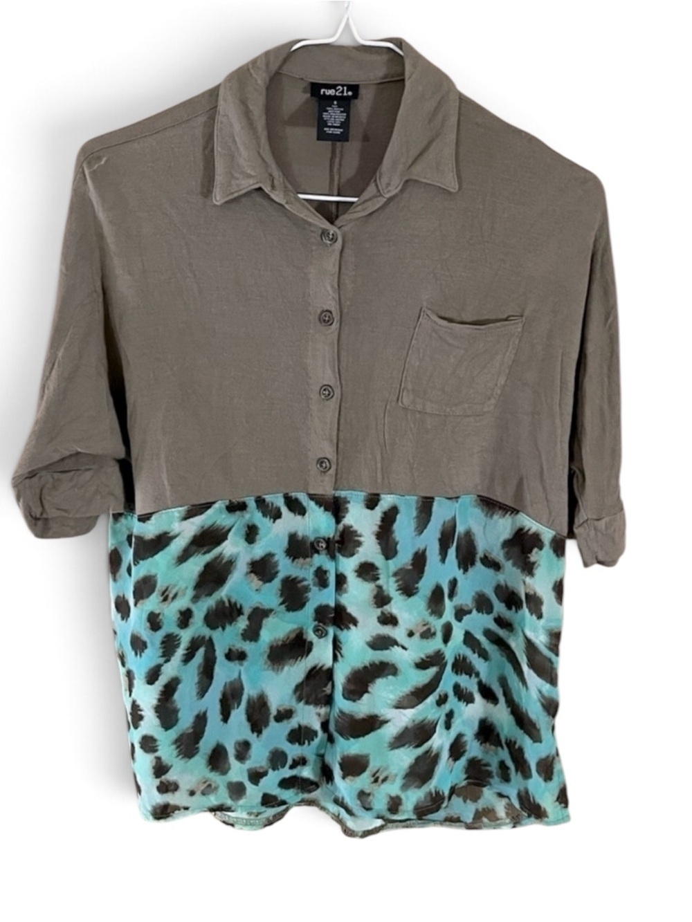 Rue21 Olive Green/Teal Leopard Print Blouse